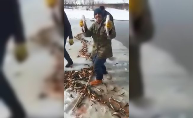 Ağrı’da buz tutan derede balık tutan vatandaşların sevinci