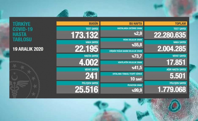 19 Aralık korona tablosu: 241 can kaybı, 22 bin 195 yeni vaka