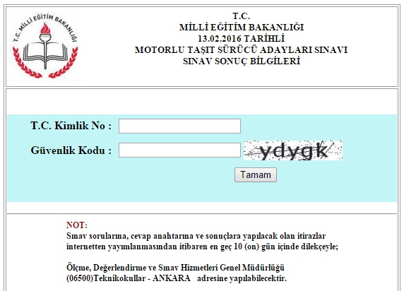 13 Şubat 2016 Ehliyet sonuçları Açıklandı!